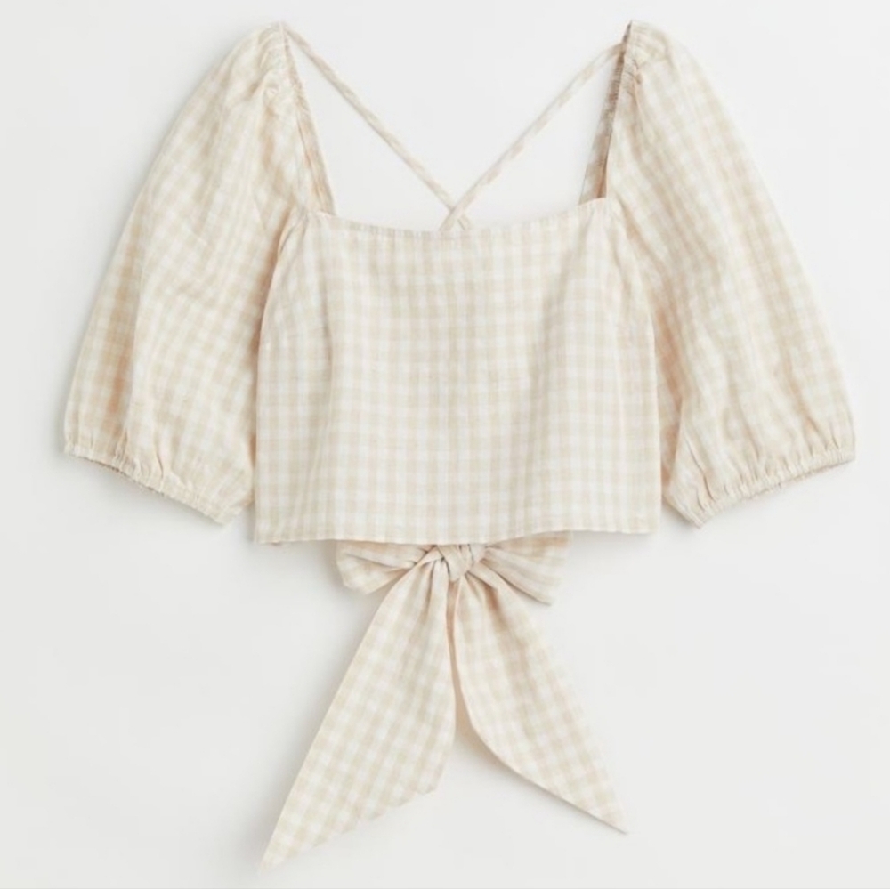 H&M Beige Checkered Puff Sleeve Crop Top